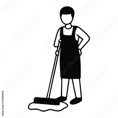 Professional Cleaning Worker Mopping Floor with Long Handle Tool Silhouette Icon