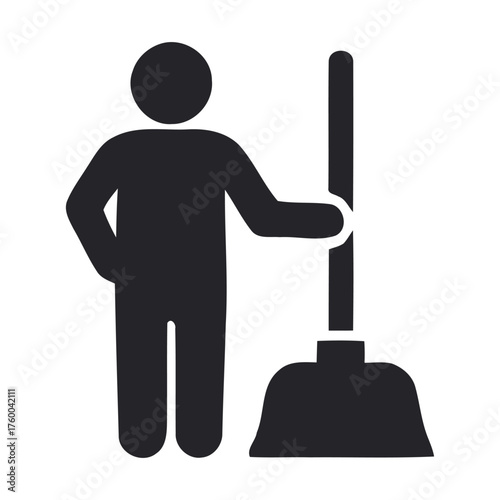 Maintenance Worker Silhouette with Broom Ready for Commercial Cleaning Operations