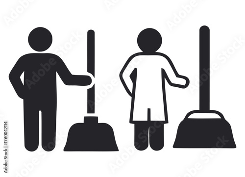 Team of Cleaning Professionals Male and Female Figures with Brooms for Service