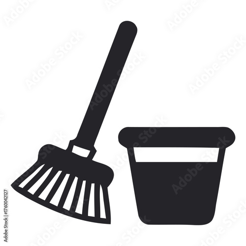 Essential Cleaning Tools Silhouette Icon of Broom and Bucket for Maintenance