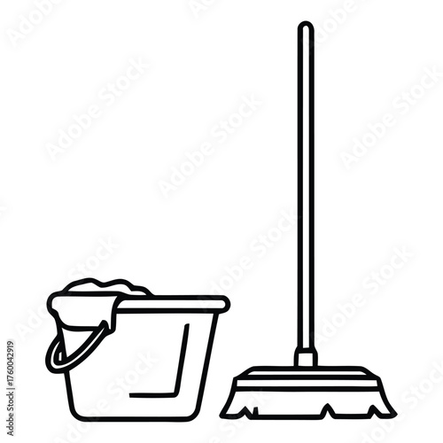 Household Cleaning Tools Bucket and Flat Floor Broom Line Art Vector