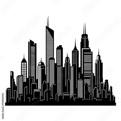 Black silhouette of modern city skyline with skyscrapers