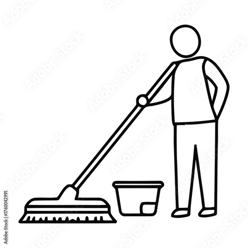Individual Cleaning Floor with Broom and Bucket Line Art Vector Graphic