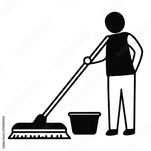 Diligent Person Mopping Floor with Bucket Silhouette for Cleaning Tasks