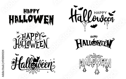 Happy Halloween Typography Set with Decorative Lettering and Bats
