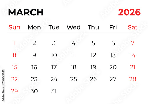 March 2026 Monthly Calendar Template with Clean Red and White Layout