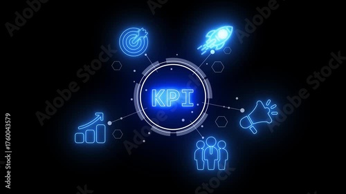Wallpaper Mural Neon blue KPI concept with icons for growth, target, rocket, megaphone, and team on black background Torontodigital.ca
