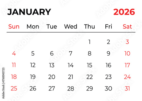 January 2027 Monthly Calendar Template with Clean Red and White Layout