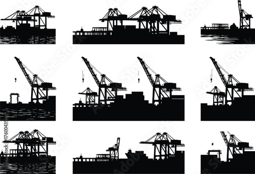 Port crane silhouettes, container loading equipment, gantry crane vector set, dockside crane illustration, shipping logistics icons, maritime transport graphics