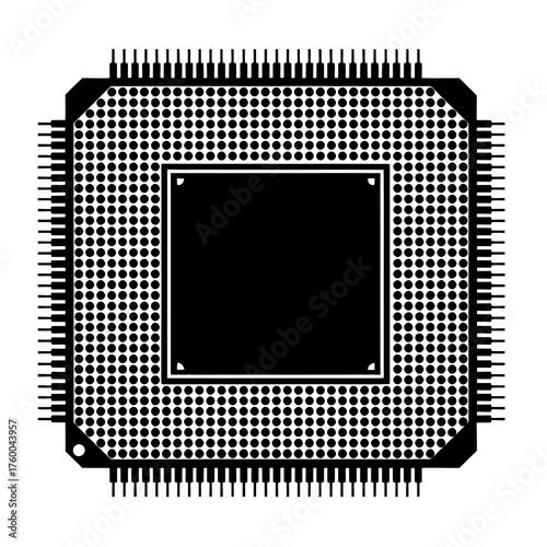 Detailed close-up of microprocessor chip with pins and dots in black and white design