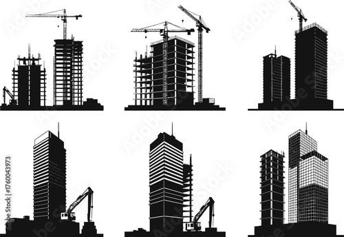 Urban construction silhouette, high-rise building development, crane and excavator scene, city  progress, architectural framework, infrastructure expansion, skyline transformation, vector illustration