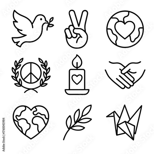 Peace day icons – dove, peace sign, candle, olive branch, heart globe – line vector