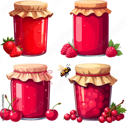 Homemade raspberry jam jars with honey bee and berry decorations, sweet red fruit preserves for breakfast, bakery or kitchen packaging on white background