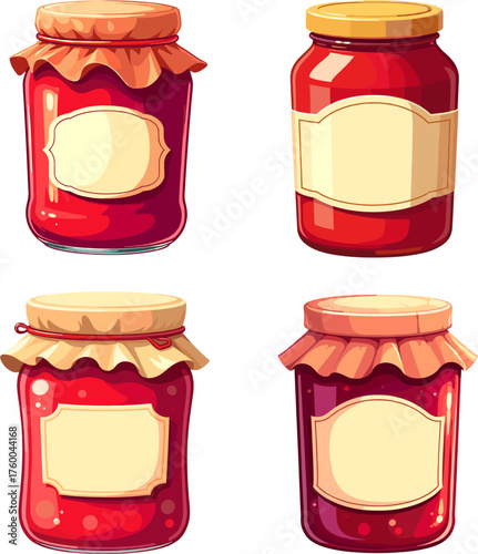 Collection of red jam jars with fabric lids and blank labels, homemade berry preserves perfect for packaging, kitchen decor and breakfast table on white background