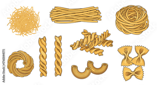 Various types of dry pasta arranged in a creative composition.