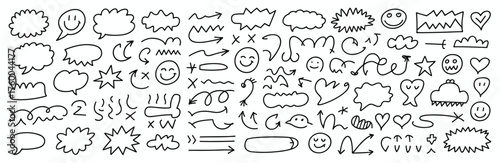 Hand- Drawn Black Doodle Elements Including Speech Bubbles, Arrows, and Faces hand-drawn sketch