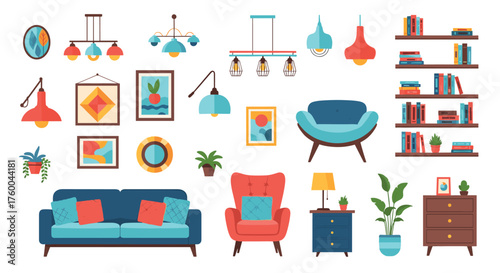 A collection of pixel art furniture and home decor items.