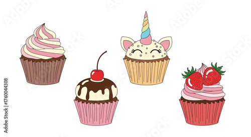 A collection of sweet and delightful cupcakes with unique decorations.