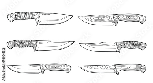 Six decorative knives with ornate handles and etched blades.