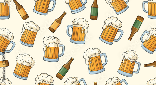 A delightful pattern of frothy beer mugs and bottles.