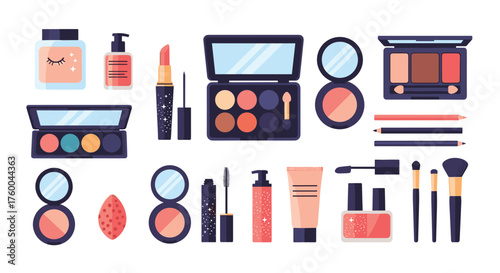 A collection of various cosmetic makeup products and accessories.