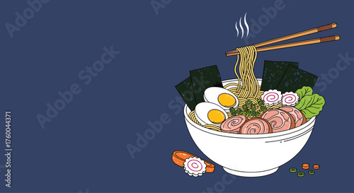 A delicious bowl of ramen soup with noodles eggs and meat.