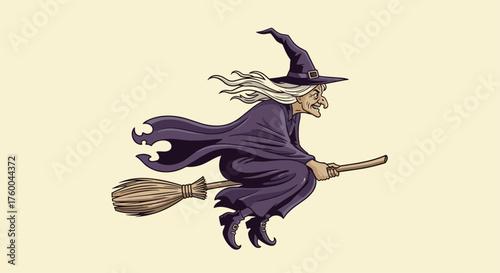 An ancient witch flying on a broomstick through the night sky.