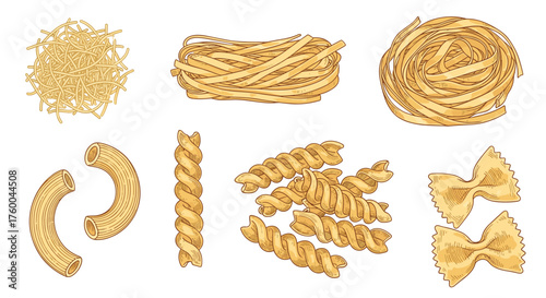 A collection of various types of dried pasta noodles and shapes.