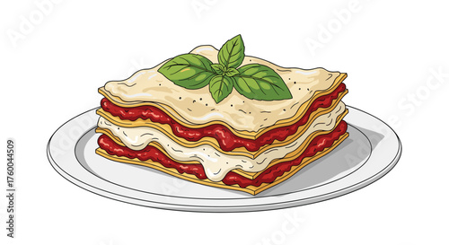 A delicious layered pasta dish topped with fresh basil.