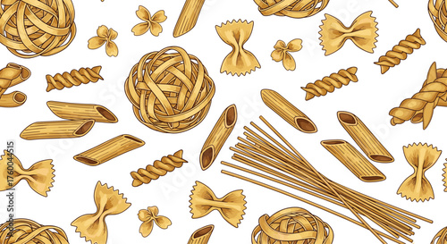 A charming pattern of various uncooked pasta types against a white background.