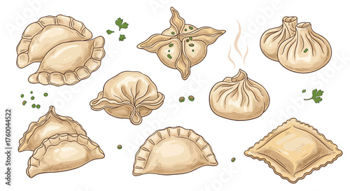 A delightful assortment of various steamed and fried dumplings.