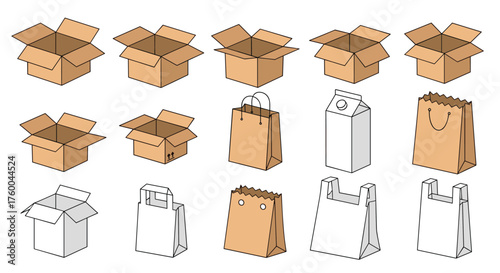 A collection of various packaging items including boxes bags and cartons.