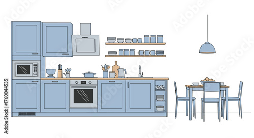 A modern blue kitchen with a dining table and chairs in the corner.