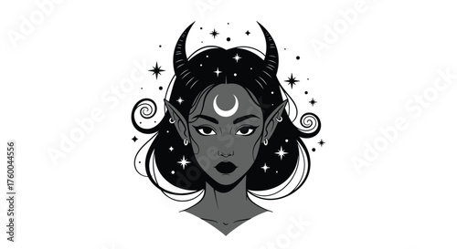 A dark fantasy portrait of a mystical creature with horns and celestial adornments.
