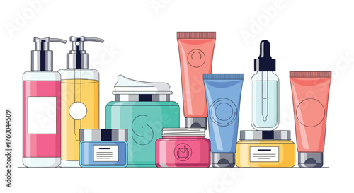 A collection of various skin care products is displayed.