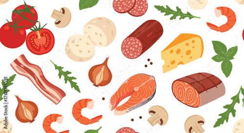 A variety of delicious pizza toppings are artfully arranged on a white background.