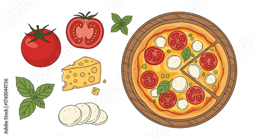 Delicious pizza ingredients with fresh tomatoes basil and cheese.