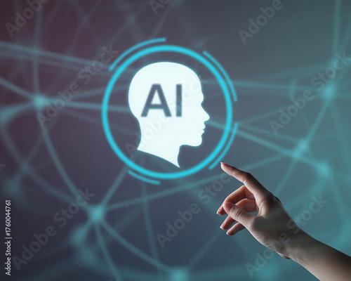 Artificial intelligence interface with woman's hand reaching to activate the AI head icon, symbolizing the future of technology and human-machine interface in a connected digital world