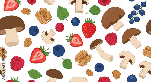 A delightful assortment of fresh strawberries mushrooms blueberries raspberries and walnuts displayed on a clean white background.