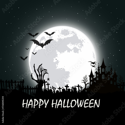 Spooky Halloween Night with Full Moon, Haunted House and Flying Bats