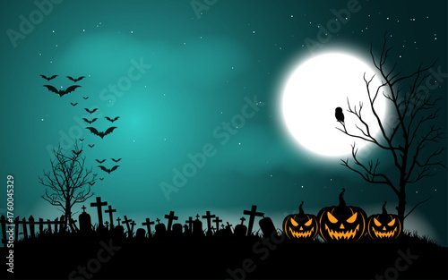 Haunted Graveyard with Full Moon, Flying Bats and Glowing Pumpkins on Halloween Night