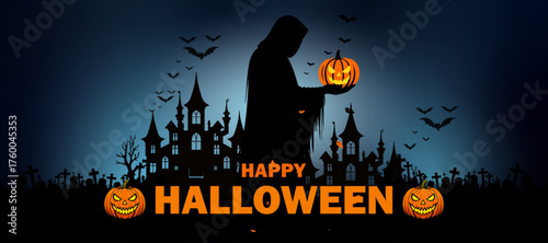 Grim Reaper Silhouette Holding Pumpkin with Haunted Castle Background – Happy Halloween Banner