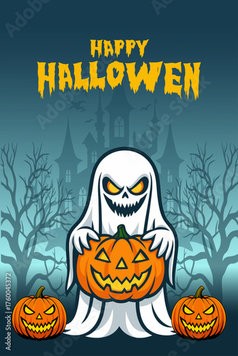 Spooky Ghost Holding Jack-o’-Lantern Pumpkin with Haunted House Background – Happy Halloween Illustration