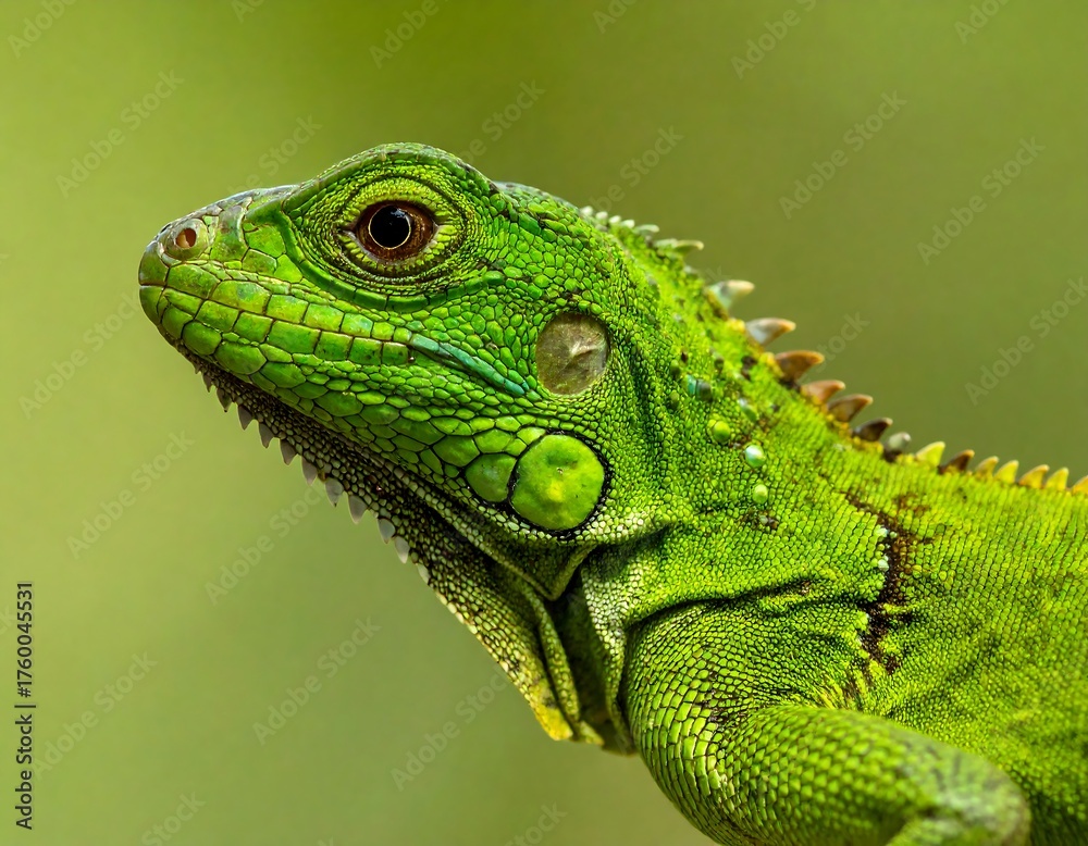 Fototapeta premium A close-up portrait of a vibrant green reptile. Its skin displays textured scales and a detailed eye, with a blurred, green backdrop