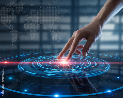 Hand navigating a glowing digital interface with world map overlay, representing global connectivity and cutting-edge technology solutions, perfect for illustrating innovation and futuristic concepts