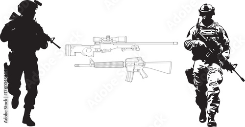 Two Soldiers Facing Off With Rifles and Sniper, Military Scene With Weapons