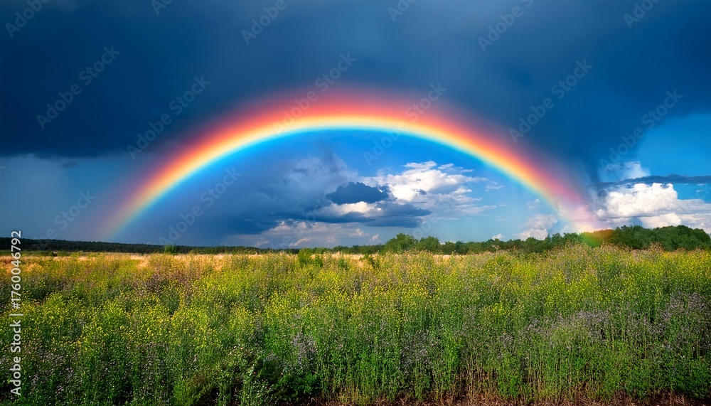 Obraz premium Beautiful Colourful Rainbow On Blue Sky After Thunderstorm