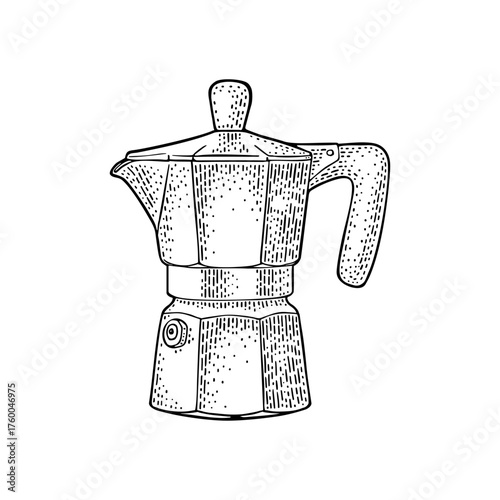 Moka pot coffee maker. Vintage black vector engraving illustration for label, web. Isolated on white background. Hand drawn sketch style.