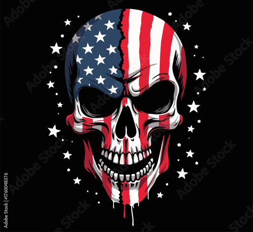 Biker vector t-shirt design with human skull
with usa flag mask on black background.
Fashionable print for fabric, paper, men clothing,
hoodie, jacket. American t shirt template.