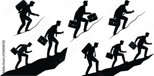 Businessman climbing slope, career growth, perseverance, ambition, determination, challenge, progress, leadership, success, resilience